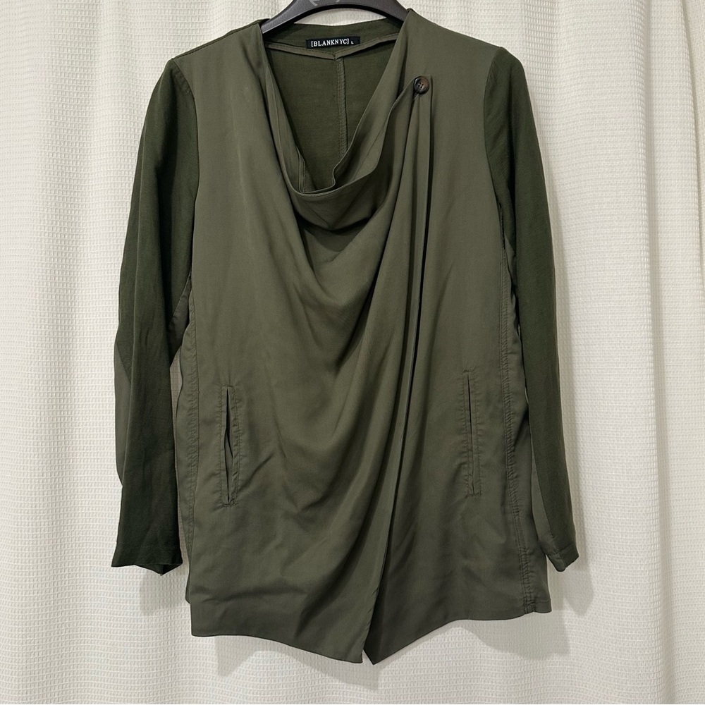 BLANKNYC Olive Green Draped Front Jacket L Waterfall‎ Asymmetrical Hem